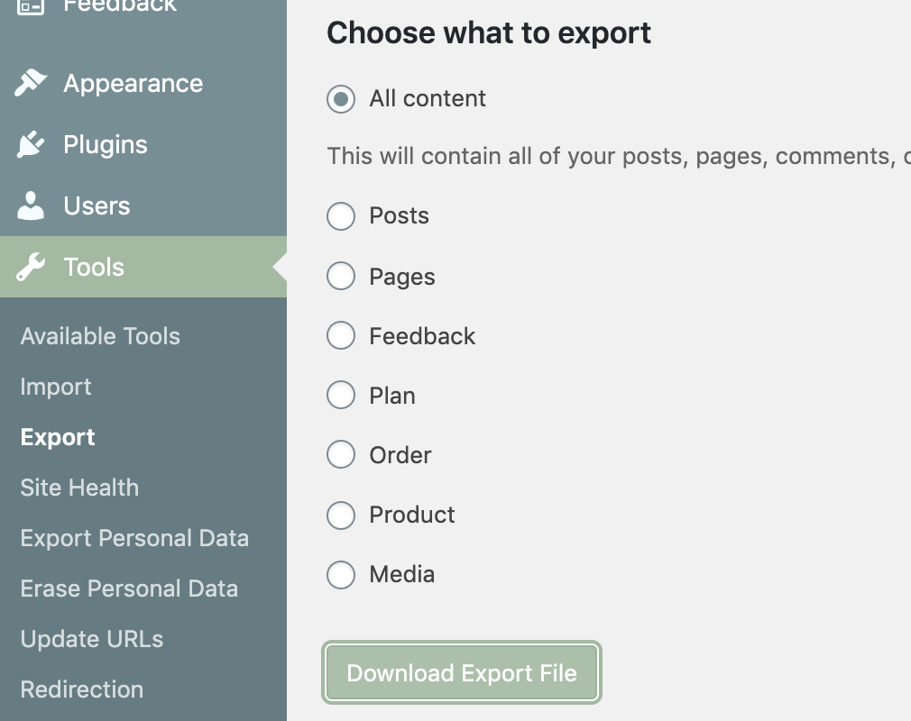 screenshot of the WordPress exporter admin