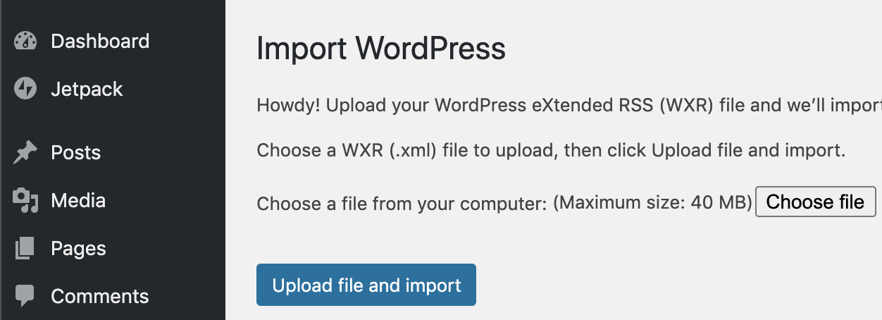 screenshot of the WordPress importer admin