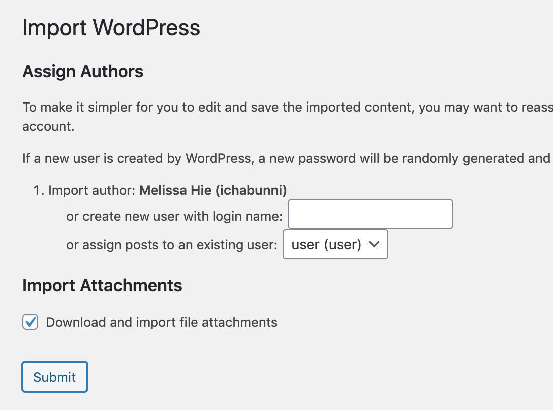 screenshot of the WordPress importer admin