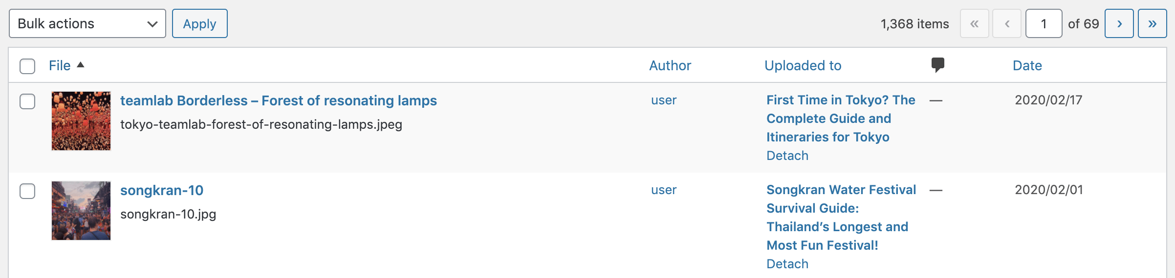 screenshot of the WordPress media library admin